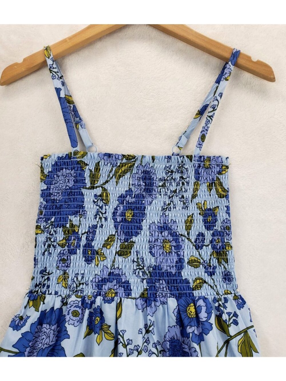 Blue Floral Sun Dress Mid-Thigh Mini XS Steve Madden Adjustable Straps Smocked - Picture 4 of 13